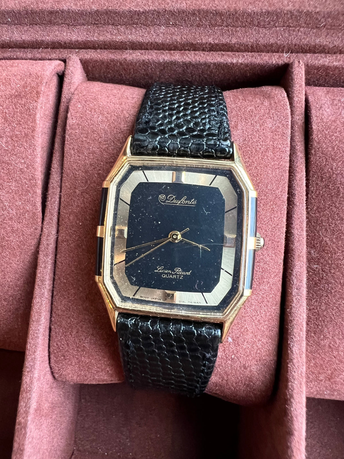 Dufonte by Lucien Piccard Quartz Watch: Black & Gold with Lizard Strap