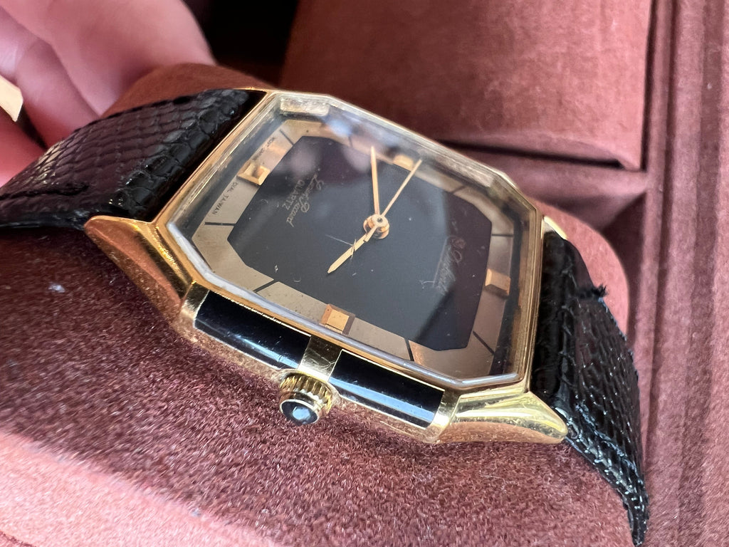 Dufonte by Lucien Piccard Quartz Watch: Black & Gold with Lizard Strap