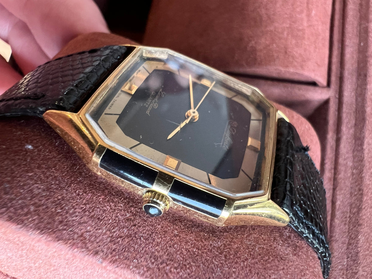 Dufonte by Lucien Piccard Quartz Watch: Black & Gold with Lizard Strap