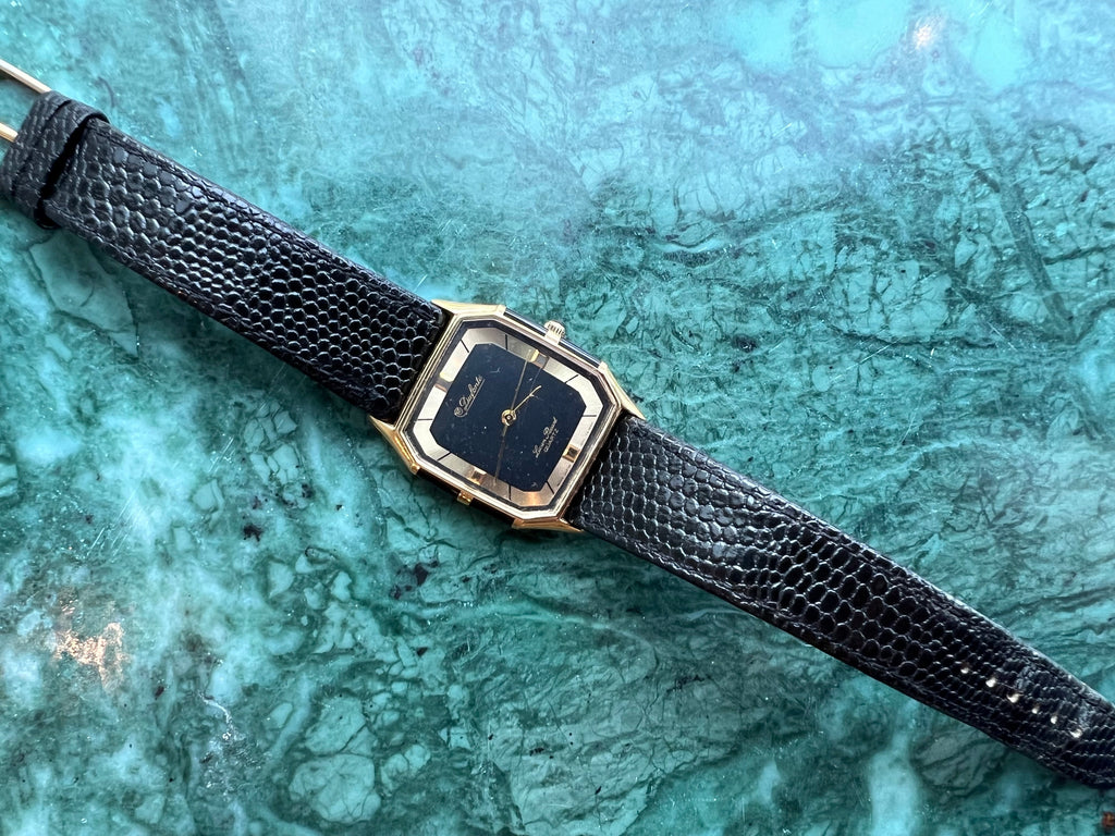 Dufonte by Lucien Piccard Quartz Watch: Black & Gold with Lizard Strap