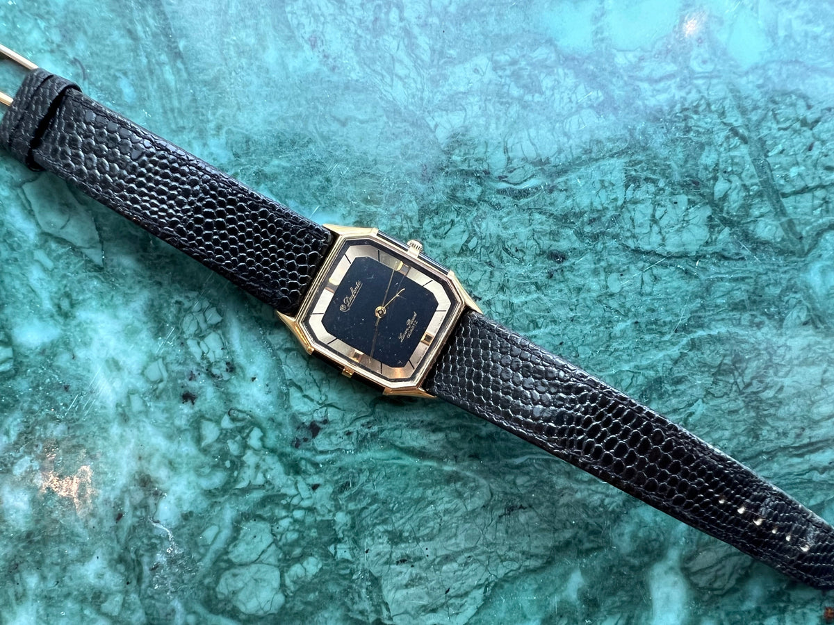 Dufonte by Lucien Piccard Quartz Watch: Black & Gold with Lizard Strap