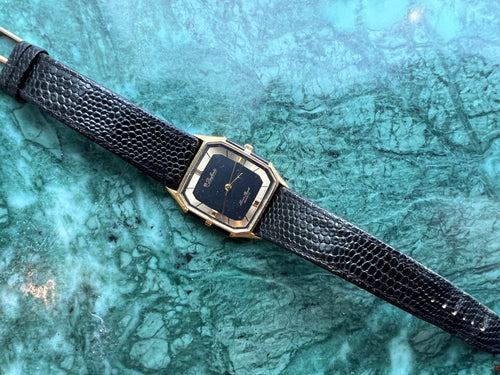 Dufonte by Lucien Piccard Quartz Watch: Black & Gold with Lizard Strap