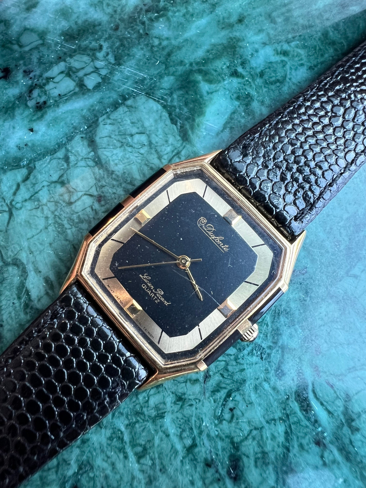 Dufonte by Lucien Piccard Quartz Watch: Black & Gold with Lizard Strap